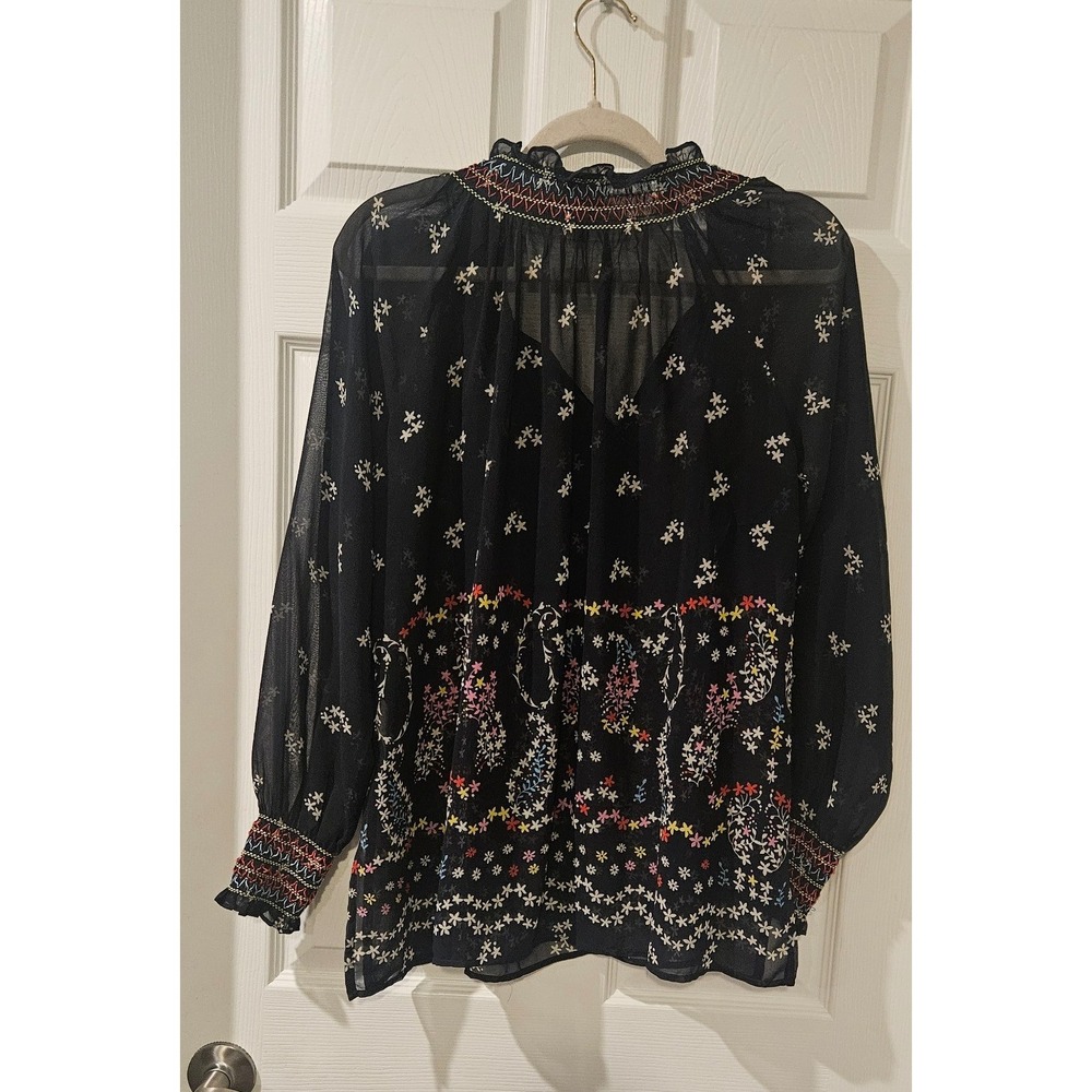 CAbi Sheer Embroidered Boho Blouse Small Navy Floral Tassel Tie Peasant Top - Picture 8 of 10